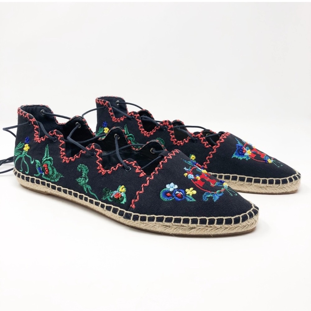 Tory Burch Sonoma navy embroidered ghillie canvas lace up flats